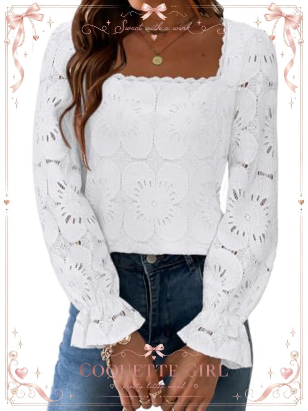 Women's Embroidered Lace Crochet Boho Blouse Square Neck Puff Long Sleeve